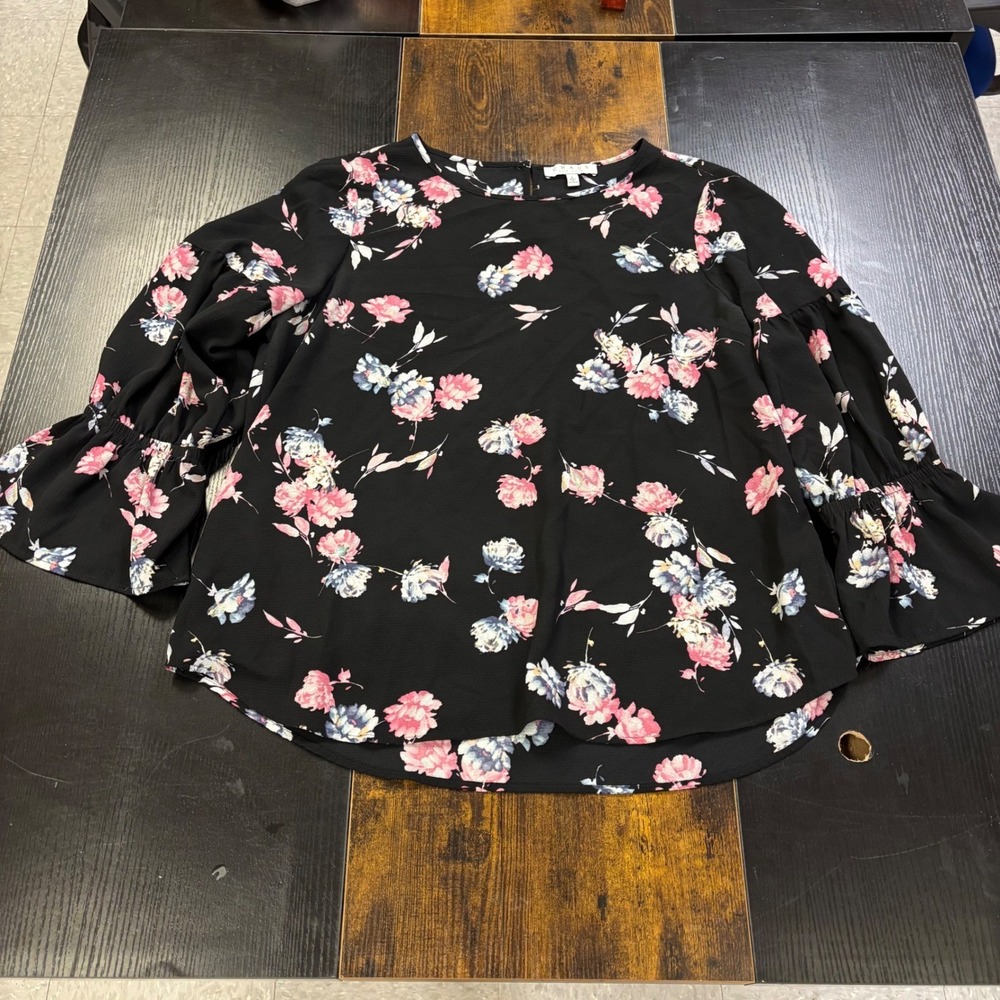 CHAUS New York Black Floral Bell Sleeve Blouse‎ Women's Size Large Boho